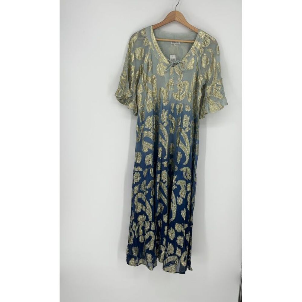 Debbie Katz Elegant Blue and Gold Maxi Dress